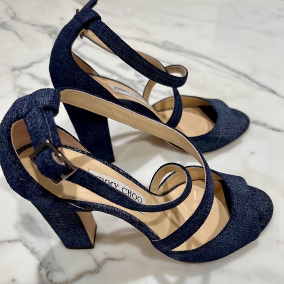 ** SOLD **. Jimmy Choo Denim Peep Toe, Strap Sandals - Picture 2 of 7